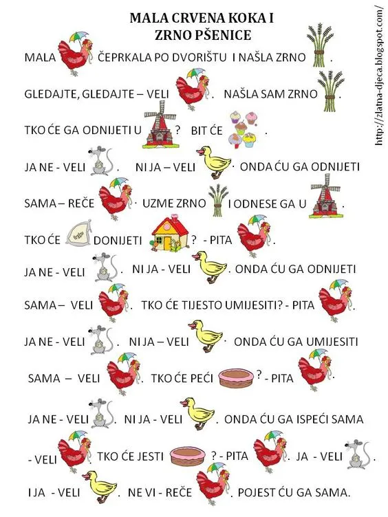 Mala crvena koka i zrno pšenice